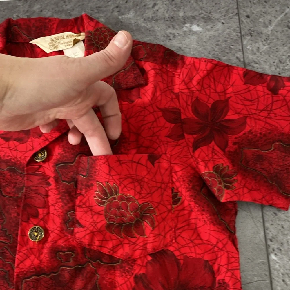 Vintage Royal Hawaiian Shirt Kids 10‎ Red Tropical Button Up Short Sleeve Cotton